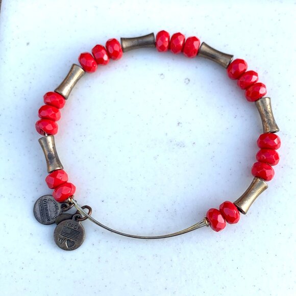Alex and Ani Beaded Wrap Bangle – Red Faceted Beads & Antique Gold Tube Beads - Picture 2 of 2